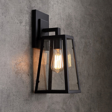 Retro Industrial Antique Matte Black Iron Lantern Outdoor Wall Sconce 1-Light with Clear Glass